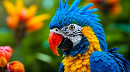 A still-frame video of a vibrant blue and yellow parrot in a tropical setting, surrounded by blurred colorful flowers and lush greenery. The camera is completely static no movement or zoom.