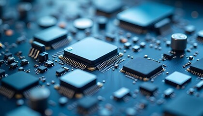 Close-up of Blue Computer Circuit Board with Microchips and Electronic Components