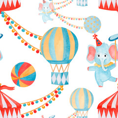 Seamless pattern watercolor hand drawn cartoon circus elephant juggler, tent and balloon on white background. For childish fabric, wallpaper nursery, birthday cards, invitations, scrapbook © Tatiana