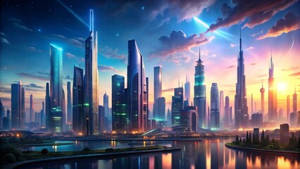Fototapeta premium Futuristic City Skyline at Sunset with Modern Skyscrapers