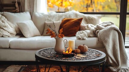 Cozy autumnal living room decor with a white sofa and warm accents evokes a welcoming and comfortable feeling for the fall season.