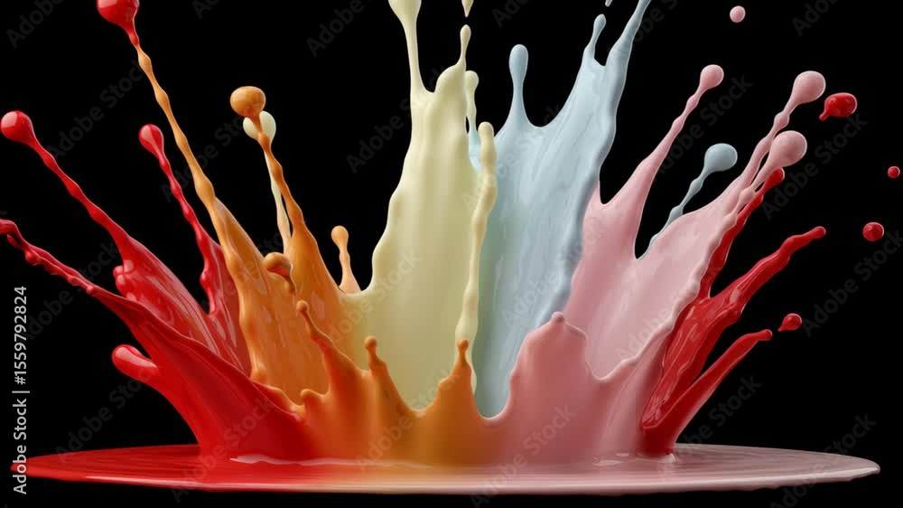 Poster vibrant splash of colorful paint in various shades, creating dynamic patterns against a black backgr