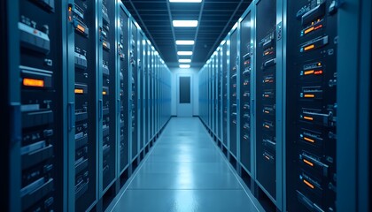 Data Center Server Room with Rows of Black Racks and Blue Lighting