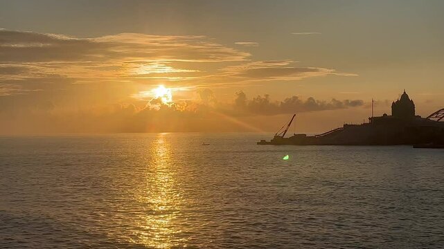 Golden Hour Sunrise Reflecting Over Ocean Waves Kanyakumari
