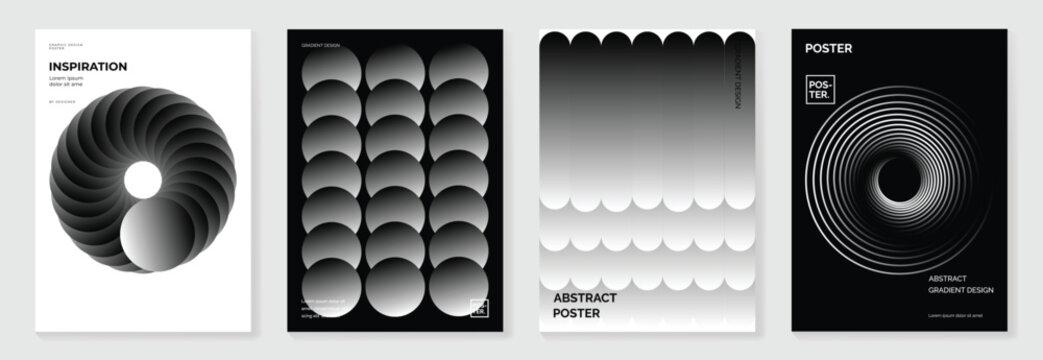 Abstract monochrome poster background vector set. Modern cover template with black and white perspective geometric prism shape, line, dot halftone. Ideal design for social media, banner, ads.
