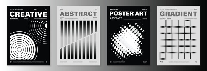 Abstract monochrome poster background vector set. Modern cover template with black and white perspective geometric prism shape, line, dot halftone. Ideal design for social media, banner, ads.