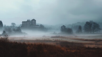 Mysterious Foggy Landscape with Abandoned Castle