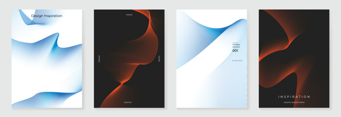 Abstract line wave gradient poster background vector set. Minimalist cover template with vibrant perspective line wave in motion. Ideal design for social media, cover, banner, flyer, music, ads.