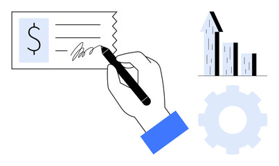 Naklejka na ściany i meble Hand signing check, growth chart, and gear representing finance, business growth, operational efficiency. Ideal for banking, accounting, investments, strategy progress transactions simple landing