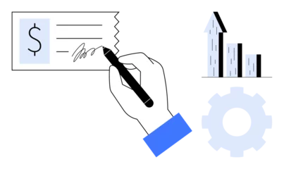 Fotobehang Hand signing check, growth chart, and gear representing finance, business growth, operational efficiency. Ideal for banking, accounting, investments, strategy progress transactions simple landing © robu_s