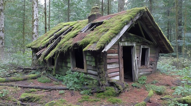 Moss covered cabin in a forest shows nature reclaiming an abandoned building deep within a wooded, natural environment.