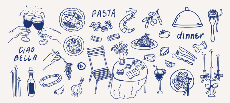 Whimsical Italian food pasta hand drawn set. Coastal mediterranean dinner table party summer sketch. Wedding coquette elements for greeting card template vector illustration
