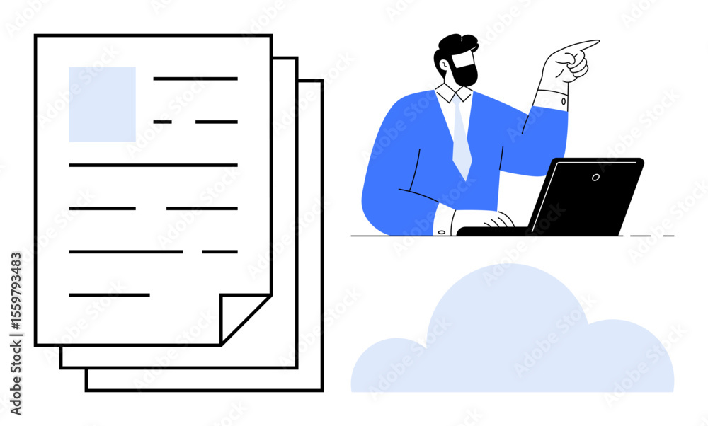 Poster office worker pointing while using laptop, with cloud graphic and stacked documents. ideal for cloud