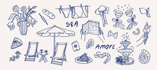 Coastal whimsy beach vacation elements mediterranean hand drawn set. Whimsical seaside italian summer sketch of swimsuit, food, loungers and reading book. Wedding coquette vector illustration