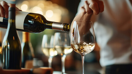 Expertly pouring white wine into a glass at a stylish bar during an evening gathering with soft ambient lighting