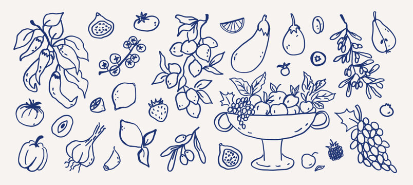 Naklejki Summer fruits and vegetables whimsical hand drawn set. Whimsy coquette line art garden food - tomatoes, lemons, olives, garlic, bell pepper and fruit vase vector outline sketch illustration