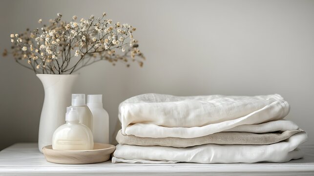 Minimalist styled towels and bath products create a serene and calming mood for self care and hygiene in a home spa