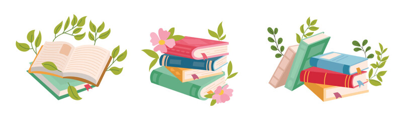 Vector illustration of decorative books with flowers and leaves. Aesthetic floral book design in flat style