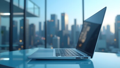 Modern Laptop on Desk in Office with City Skyline View