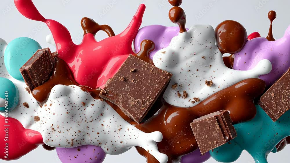 Poster colorful splashes of liquid chocolate and vibrant paint collide, creating an abstract composition wi