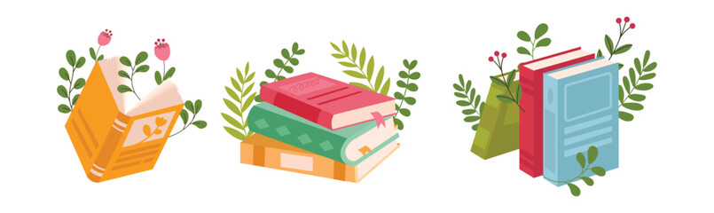 Vector illustration of decorative books with flowers and leaves. Aesthetic floral book design in flat style