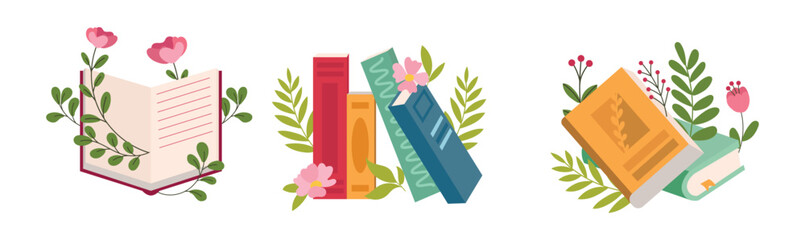 Vector illustration of decorative books with flowers and leaves. Aesthetic floral book design in flat style