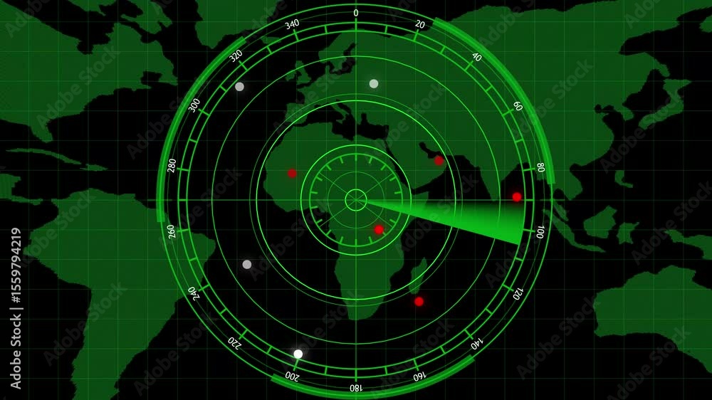 Poster green radar screen with scanning beam and circular grid - overlay animation for video compositing . 
