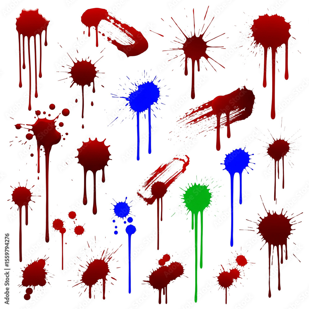 Poster artistic array showcasing vibrant, colorful paint splatters and drips in red, blue, and green agains