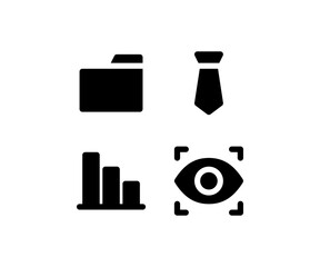 A set of 4 black business icons including a folder, a necktie, a bar chart, and an eye inside a focus frame. This minimalist vector collection represents concepts like data analysis, professional atti