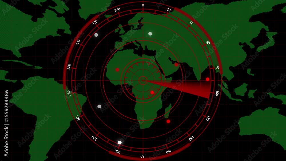 Poster red color radar screen with scanning beam and circular grid - overlay animation for video compositin