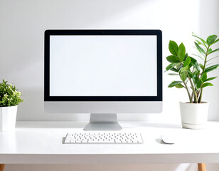 Computer with blank white screen on a white desk with keyboard, mouse, and potted plants against a white wall.