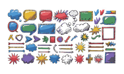 Naklejka premium Modern vector illustration of a hand-drawn doodle-style asset pack of colorful speech bubbles, rectangular and round frames, arrows, banners, explosion bursts, wavy lines, easily editable.