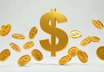 gold coins and dollar sign, Realistic golden dollar sign and Explosion of gold coins png on transparent background