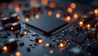 Close Up of Computer Microchip with Illuminated Circuitry in Dark Environment
