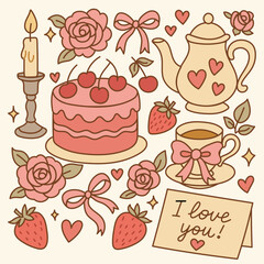 Set of hand drawn coquette elements for Valentines day. Collection of hand-drawn, romantic illustrations in soft pink tones. It includes various elements commonly associated with love and affection.