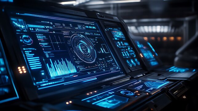 Futuristic technology interface showing data visualization with blue glowing interface displays for control systems and information analysis. - Powered by Adobe