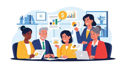 A diverse team collaborates in a business meeting, analyzing data charts and graphs. They discuss strategy, financial reports, and project management for corporate planning and growth success. Exactly