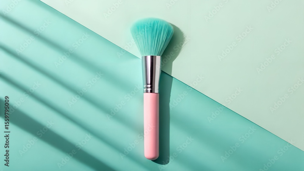 Poster a single teal makeup brush with a pink handle rests on a split background of teal and light green wi