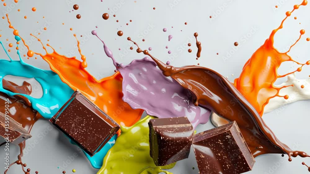 Aufkleber colorful chocolate splashes with vibrant paint in various shades, showcasing dynamic motion and arti
