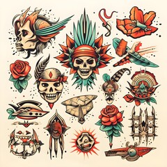 Fototapeta premium Tattoo Flash: Traditional tattoo flash art in a collage-style arrangement