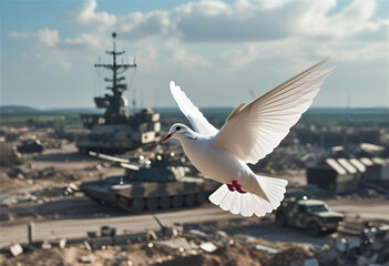 White dove flying over a warzone. Peace vs destruction symbolism.