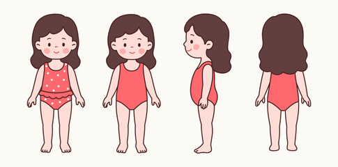 Vector Set of a Cute Little Girl with Long Wavy Hair in a Swimsuit – Front, Side, and Back Views

