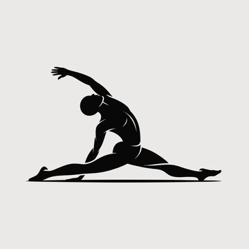 Black Silhouette of a Flexible Athlete Performing a Side Split Stretch with One Arm Raised High a Minimalist Vector Graphic Design