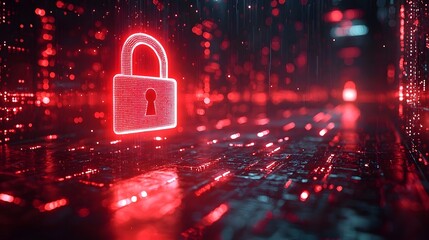 Futuristic digital security lock hovering over a glowing technological landscape