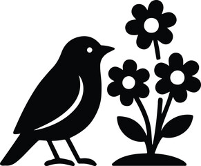 Silhouette bird next to flowers in garden spring time Vector illustration