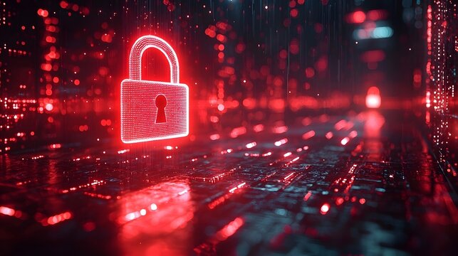 Futuristic digital security lock hovering over a glowing technological landscape