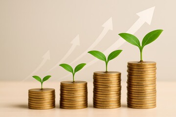 Green sprouts growing from stacks of gold coins symbolizing financial growth