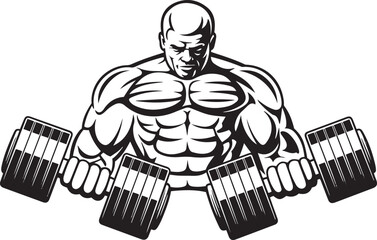 Powerful Bodybuilder Lifting Dumbbells, Black and White background