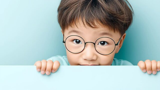 Young boy with glasses peeking over a light blue background, showcasing curiosity and playfulness, with a soft focus on his expressive eyes and cheerful demeanor, perfect for children's themes and edu