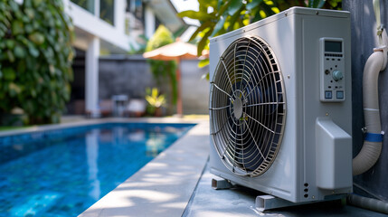 Modern air heat pump by a pool, blending efficiency with sleek outdoor design.